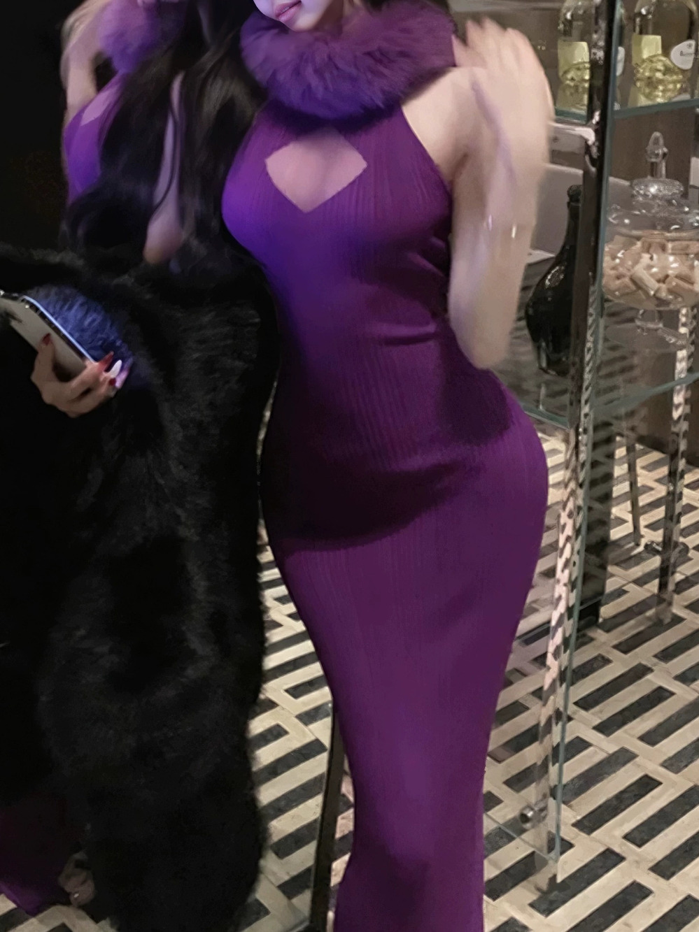 ZARA Sultry Knit Bodycon Maxi Dress Sheer Neckline Back Slit Faux Fur Collar
